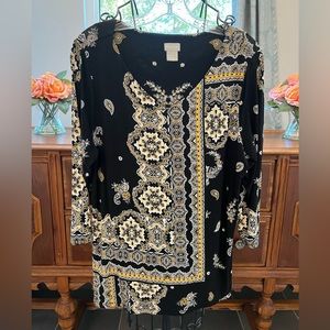 Chico’s Size 2 (large) black blouse 3/4 sleeves with paisley design
